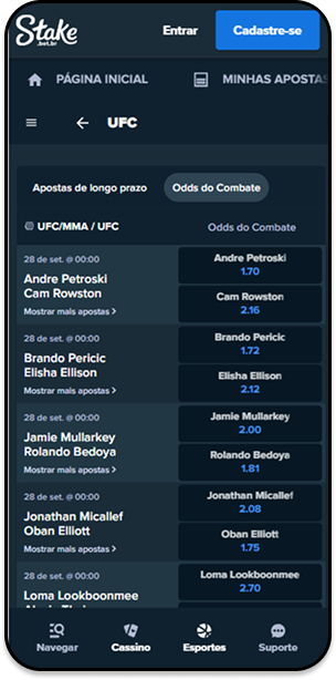 Seção de apostas UFC na Stake