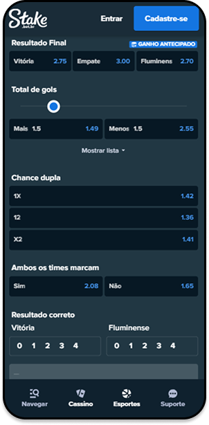 Mercados de Chance Dupla na partida Vitória x Fluminense na Stake

