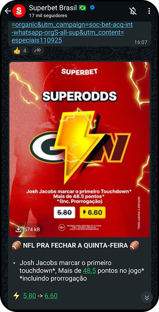 Canal do WhatsApp Superbet Brasil destacando promoção de SuperOdds na NFL