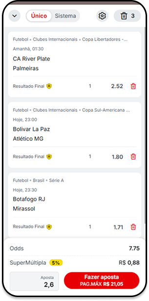  Bilhete com 5% adicional na SuperMúltipla envolvendo partidas do Brasileirão, Sul-Americana e Libertadores na Superbet
