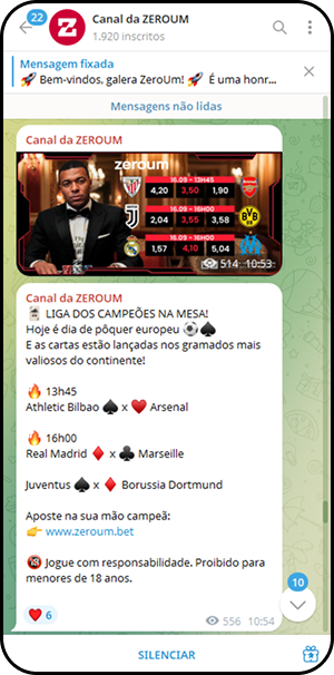 Publicação no canal da Zeroum no Telegram com odds da Champions League, destacando jogos como Athletic Bilbao x Arsenal