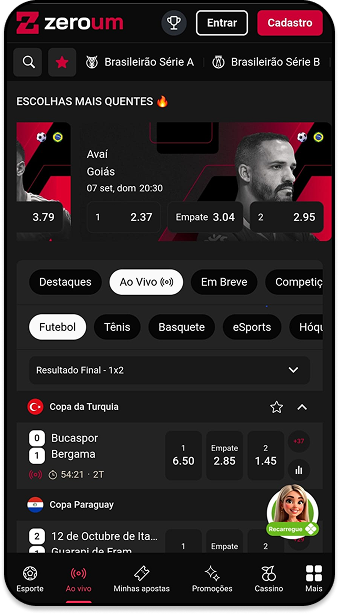 Apostas ao vivo na Zeroum com destaque para o jogo Avaí x Goiás