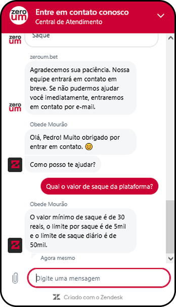 Atendimento da Zeroum mostrando conversa no chat sobre valores de saque