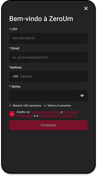 Formulário de cadastro da Zeroum solicitando CPF, e-mail, telefone e senha