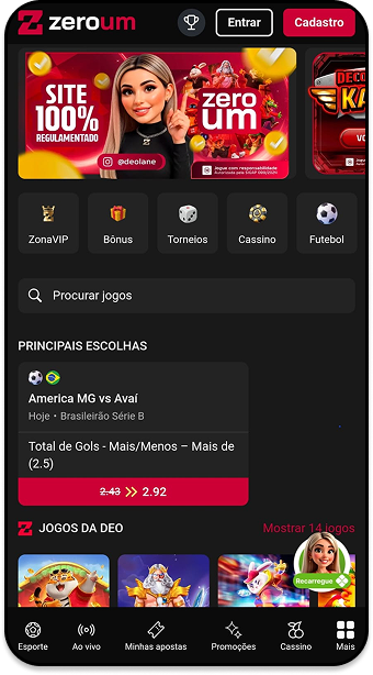 Página inicial da Zeroum com atalhos para cassino, futebol e principais escolhas de apostas