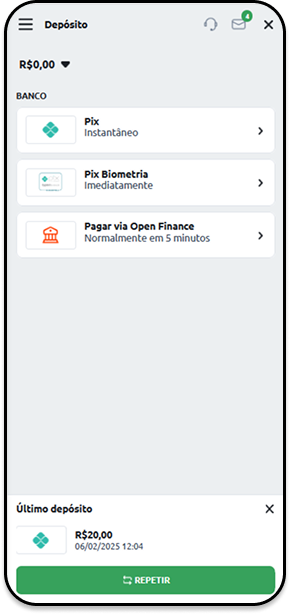 Métodos de depósito na Betano incluindo Pix instantâneo, Pix Biometria e Open Finance