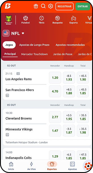 Odds na Betano para jogos da NFL, incluindo LA Rams x SF 49ers, Cleveland Browns x Minnesota Vikings e Baltimore Ravens x Houston Texans.