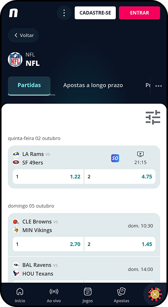 Odds na Novibet para jogos da NFL, incluindo LA Rams x SF 49ers, Cleveland Browns x Minnesota Vikings e Baltimore Ravens x Houston Texans.