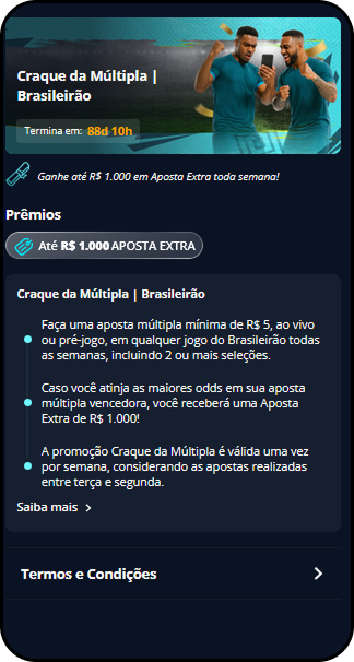 Promoção Craque da Múltipla do Brasileirão na Novibet com prêmios de até R$1.000 em Aposta Extra para quem atingir as maiores odds em apostas múltiplas semanais.
