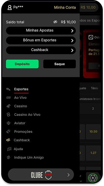 Menu da conta na KTO exibindo saldo, opções de depósito, saque, cashback e apostas.