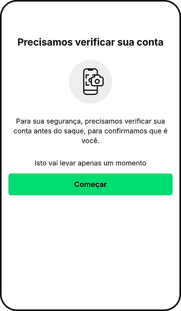 Mensagem de verificação de conta na KTO pedindo confirmação de identidade antes do saque.