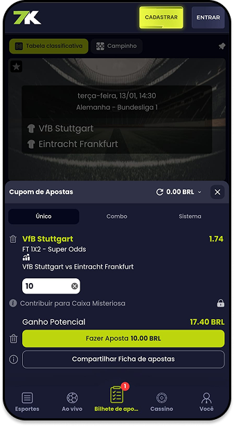Cupom de apostas Bet7k para partida Bundesliga entre VfB Stuttgart e Eintracht Frankfurt
