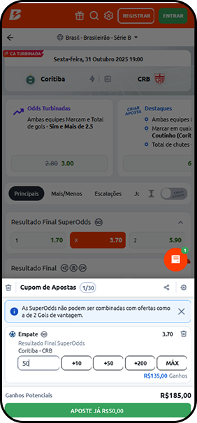 Bilhete de aposta da Betano mostrando seleção de empate em SuperOdds no jogo Coritiba x CRB e retorno potencial de R$185.