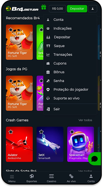 Menu da Br4bet mostrando opções como depositar, sacar, transações, cupons e bônus.