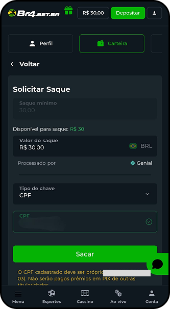 Solicitação de saque de R$30 via Pix na Br4bet com chave CPF selecionada.
