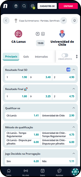 Mercados de apostas para CA Lanús vs Universidad de Chile na Novibet com opção Super Odds destacada.