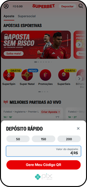 Depósito rápido via Pix na Superbet com opções de R$50, R$150 e R$200 e código QR