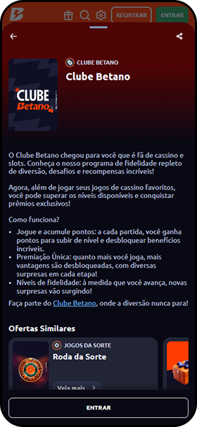 Tela do programa de fidelidade do Betano, mostrando recompensas como e rodadas grátis e dinheiro para jogadores do cassino