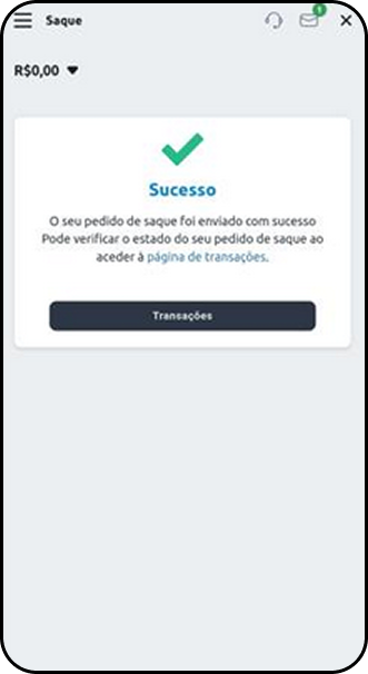 Tela de saque na Betano indicando que a solicitação foi enviada com sucesso