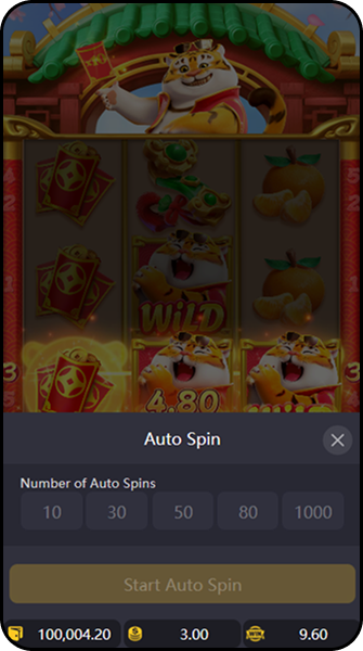 Fortune Tiger com menu Auto Spin mostrando opções de 10, 30, 50, 80 e 1000 giros automáticos