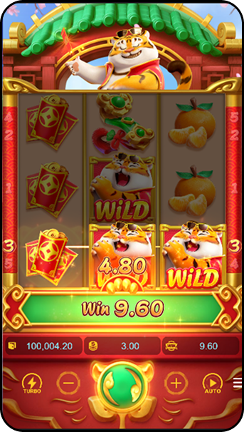 Fortune Tiger exibindo vitória de 9.60 com símbolos Wild e combinação vencedora