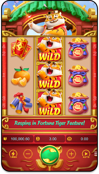 Fortune Tiger ativando recurso Respins com múltiplos símbolos Wild nos rolos