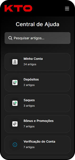 Central de ajuda KTO com artigos sobre conta, depósitos, saques, bônus e verificação
