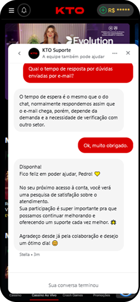 Chat ao vivo KTO com agente de suporte respondendo sobre tempo de resposta por e-mail