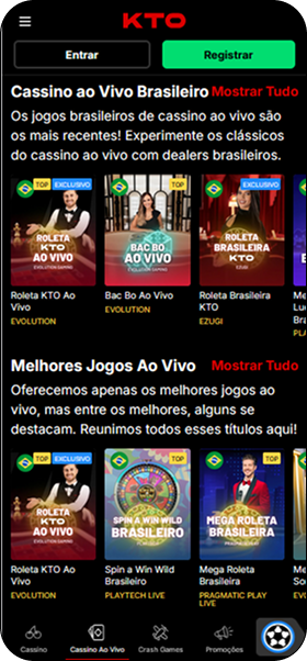 Cassino ao vivo na KTO com jogos como Roleta Brasileira e Bac Bo conduzidos por dealers brasileiros