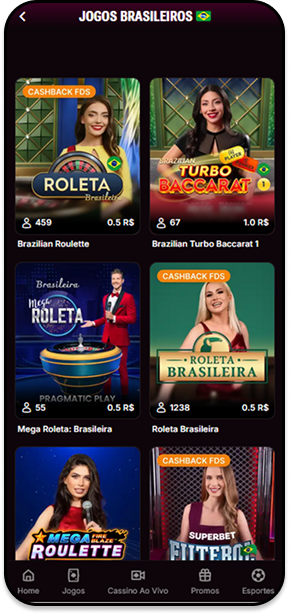 Seção de jogos brasileiros na Superbet com Roleta Brasileira, Turbo Baccarat e outros títulos populares.