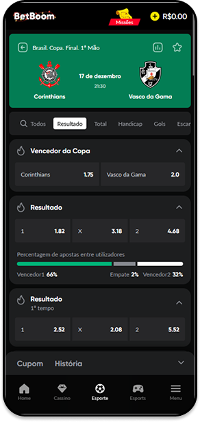 Apostas na BetBoom para final da Copa do Brasil entre Corinthians e Vasco da Gama com odds e resultados