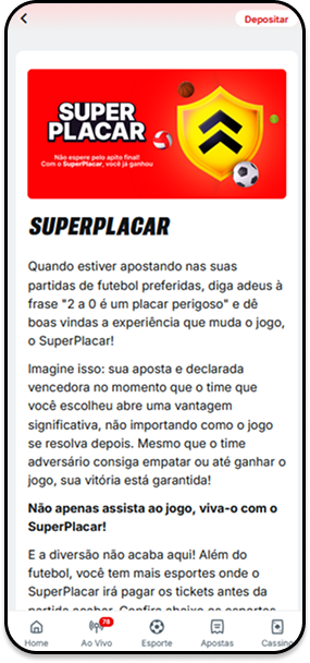 Promoção SuperPlacar na Superbet com pagamento antecipado ao abrir 2 gols de vantagem em partidas de futebol
