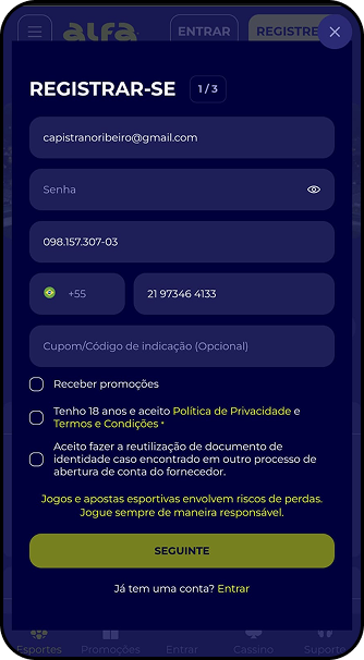 Formulário de cadastro na Alfa bet com campos para email, senha, CPF e telefone