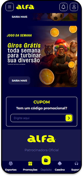 Jogo da semana na Alfa bet com giros grátis semanais e campo para inserir código promocional