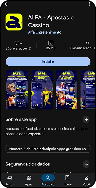 Aplicativo da Alfa bet na Google Play Store para apostas em futebol, esportes e cassino online