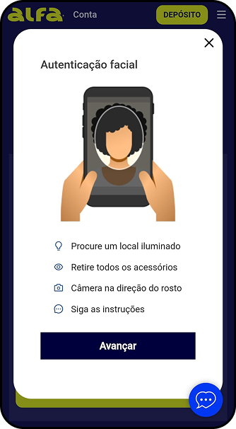 Processo de autenticação facial na Alfa bet com instruções para verificação de identidade