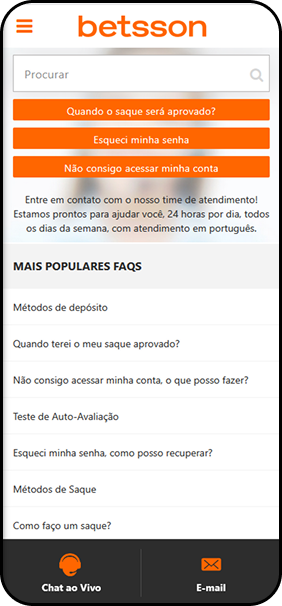 Central de atendimento da Betsson com FAQs sobre saque, depósito, senha e chat ao vivo 24 horas