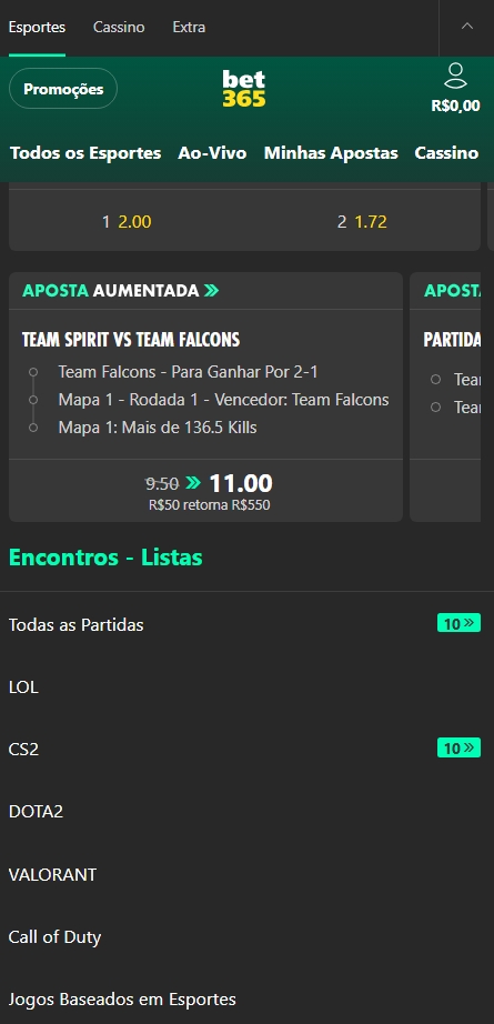 Partidas de esports ao vivo na bet365 com Aposta Aumentada
