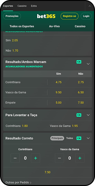 Apostas na bet365 para Copa do Brasil com odds de resultado, ambos marcam e resultado correto