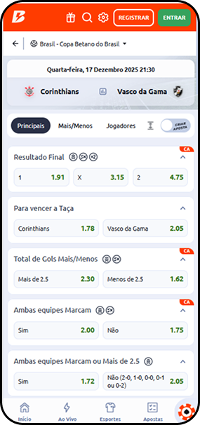 Mercados de apostas na Betano para final da Copa do Brasil entre Corinthians e Vasco da Gama