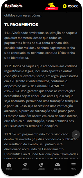 Seção de pagamentos nos termos e condições da BetBoom explicando regras de saques e processamento