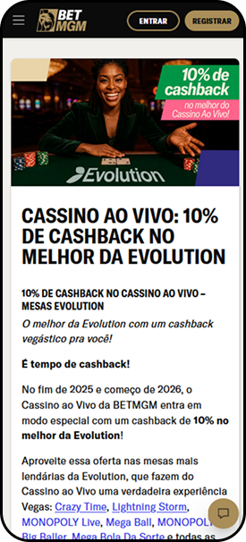 Cassino ao vivo da BetMGM com 10% de cashback nas mesas Evolution até 2026