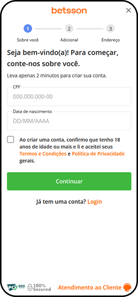 Cadastro na Betsson com campos para CPF e data de nascimento em processo rápido de 2 minutos