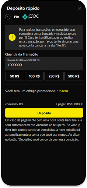 Depósito rápido via Pix na BetBoom a partir de R$1 e campo para código promocional