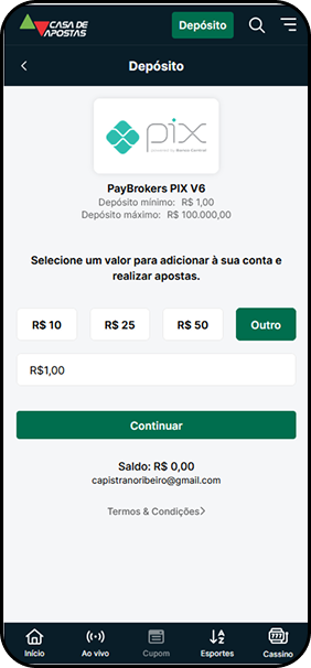 Depósito via Pix na Casa de Apostas com valores a partir de 1 real