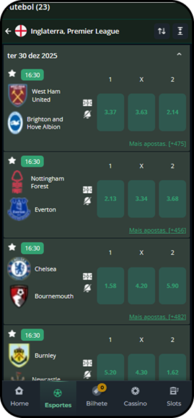 Apostas na Premier League inglesa no aplicativo da Segurobet com odds para jogos de 30 de dezembro