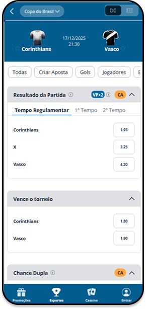 Odds na Sportingbet para partida da Copa do Brasil Corinthians vs Vasco com resultado e vencedor do torneio
