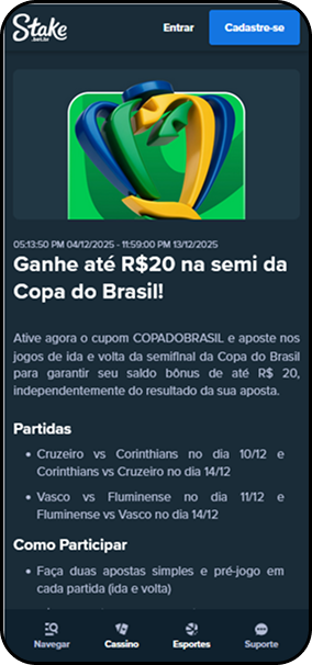Promoção na Stake ganhe até R$20 na semifinal da Copa do Brasil com cupom COPADOBRASIL