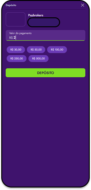Depósito de R$2 na Startbet via Paybrokers com opções de valores entre R$30 e R$500