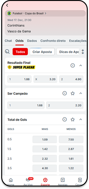 Mercados na Superbet para final da Copa do Brasil com resultado final, ser campeão e total de gols